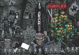 Wrap-around cover of Volume 3, notice the little robots holding the black space where the barcode goes.  Nice touch!