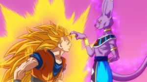 Beerus and Goku reenacting the infamous WCW Finger Poke of Doom.